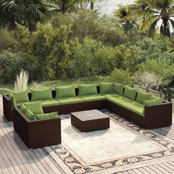 vidaXL 11 pcs conjunto lounge jardim c/ almofad&otilde;es vime PE castanho