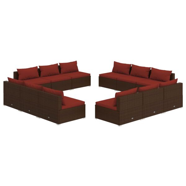 vidaXL 12 pcs conjunto lounge jardim c/ almofad&otilde;es vime PE castanho