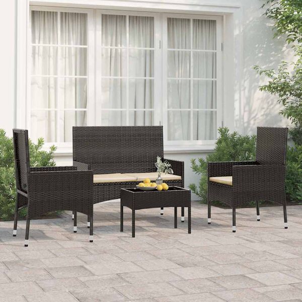 vidaXL 4 pcs conjunto lounge de jardim c/ almofad&otilde;es vime PE preto