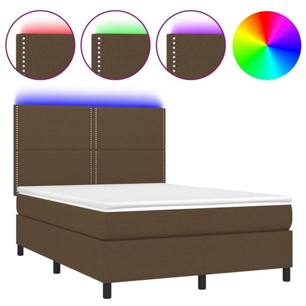 vidaXL Cama box spring c/ colch&atilde;o/LED 140x190cm tecido castanho-escuro