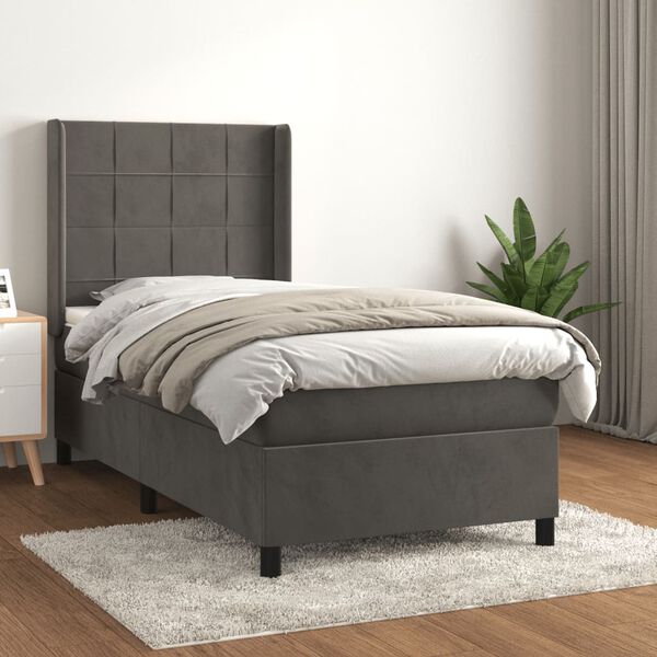 vidaXL Cama com molas/colch&atilde;o 90x190 cm veludo cinza-escuro