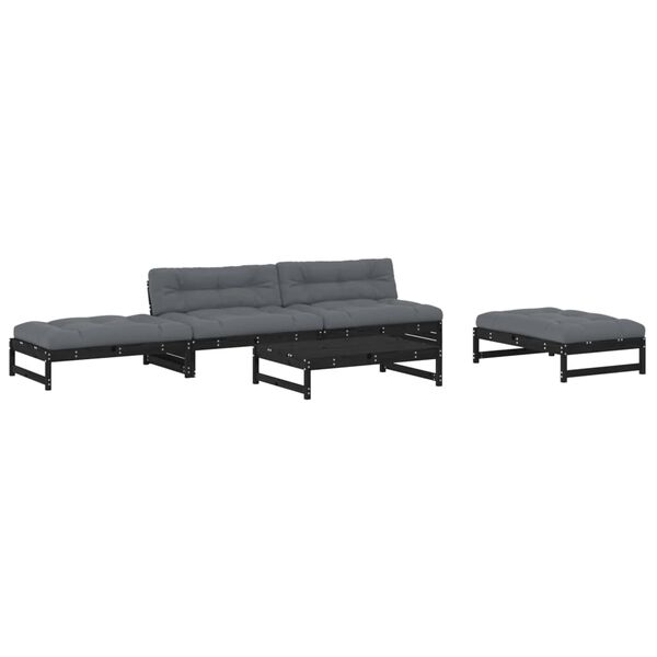 vidaXL 5pcs conjunto lounge jardim com almofad&otilde;es madeira maci&ccedil;a preto