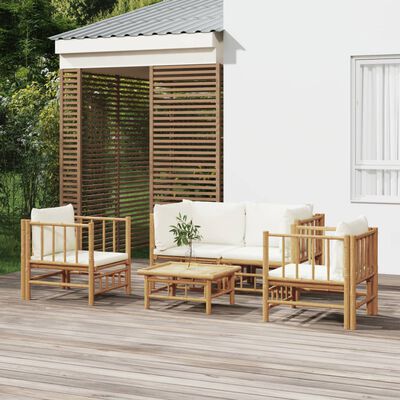 vidaXL 5 pcs conjunto lounge de jardim bambu c/ almofadões branco nata