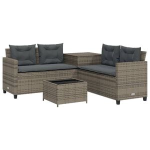 vidaXL Sof&aacute; de jardim forma de L c/ mesa e almofad&otilde;es vime PE cinzento