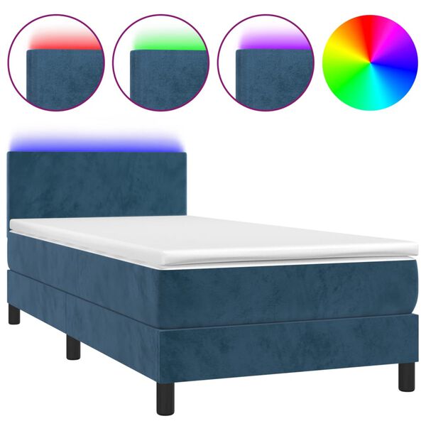 vidaXL Cama box spring c/ colch&atilde;o/LED 90x190 cm veludo azul-escuro