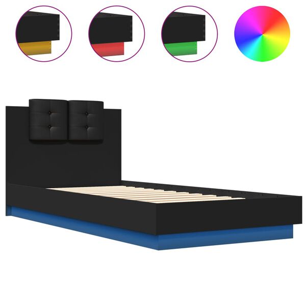 vidaXL Estrutura de cama com cabeceira e luzes LED 90x200 cm preto