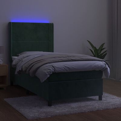 vidaXL Cama box spring c/ colchão/LED 100x200 cm veludo verde-escuro