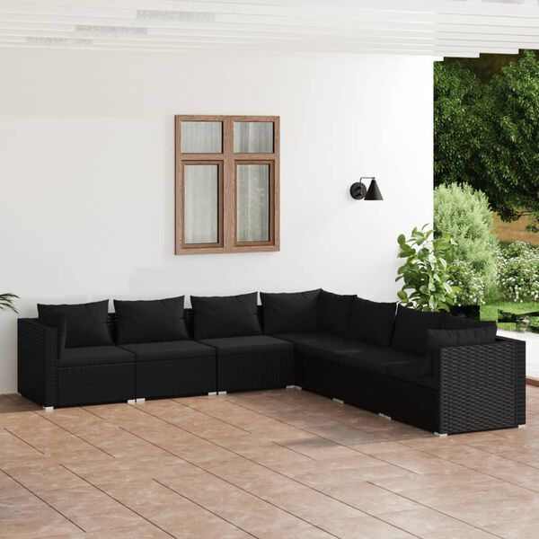 vidaXL 7 pcs conjunto lounge de jardim c/ almofad&otilde;es vime PE preto