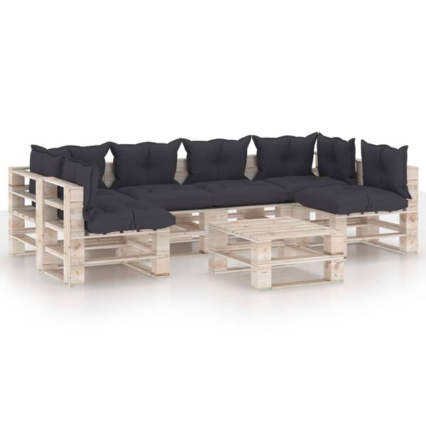 vidaXL 7 pcs conj. lounge de paletes p/ jardim com almofad&otilde;es pinho