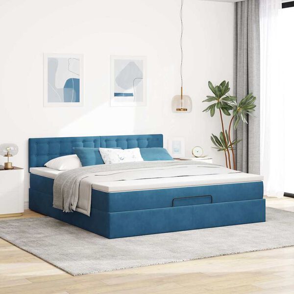 vidaXL Estrutura de cama otomana com colch&atilde;o 160x200 cm azul escuro
