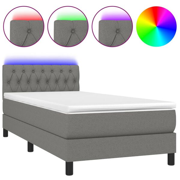 vidaXL Cama box spring c/ colch&atilde;o e LED 100x200 cm tecido cinza-escuro