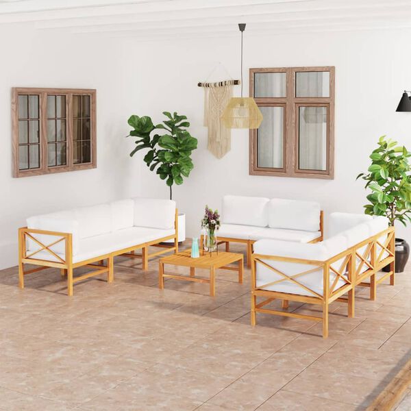 vidaXL 9 pcs conj. lounge de jardim + almofad&otilde;es cor creme teca maci&ccedil;a