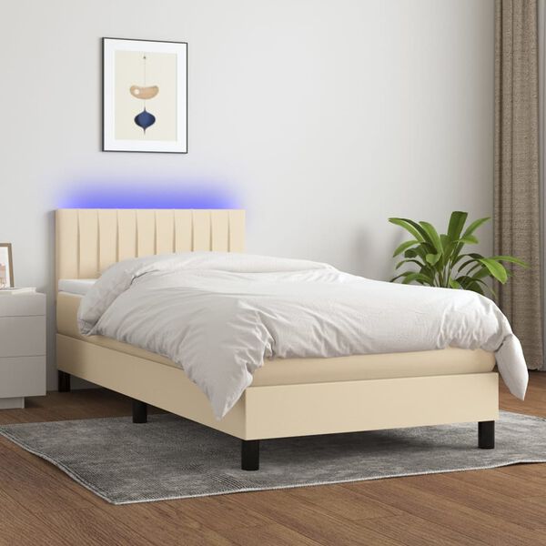 vidaXL Cama box spring c/ colch&atilde;o e LED 100x200 cm tecido cor creme