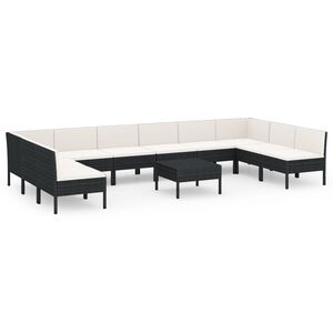 vidaXL 11 pcs conjunto lounge de jardim c/ almofad&otilde;es vime PE preto