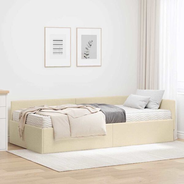 vidaXL Estrutura de Cama de Canto com Colch&atilde;o 2 pcs Creme tecido
