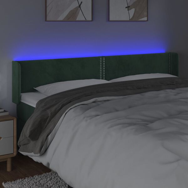 vidaXL Cabeceira cama c/ luzes LED veludo 203x16x78/88 cm verde-escuro