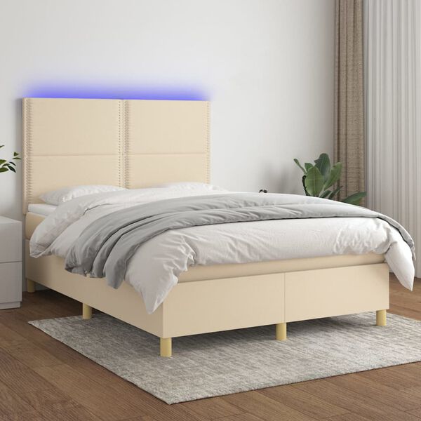 vidaXL Cama box spring c/ colch&atilde;o e LED 140x190 cm tecido cor creme