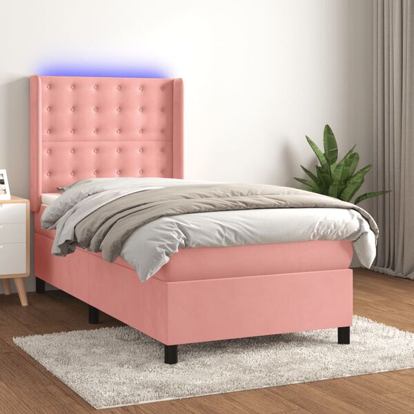 vidaXL Cama box spring c/ colch&atilde;o/LED 100x200 cm veludo rosa