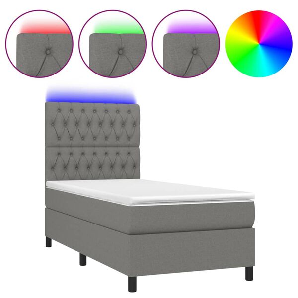 vidaXL Cama box spring c/ colch&atilde;o e LED 100x200 cm tecido cinza-escuro