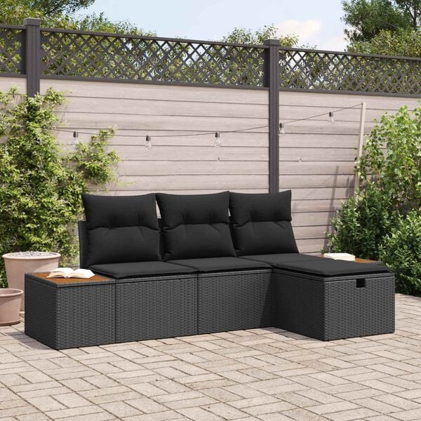 vidaXL Conjunto de Sof&aacute; de Jardim com almofada 4 pcs Preto vime PE