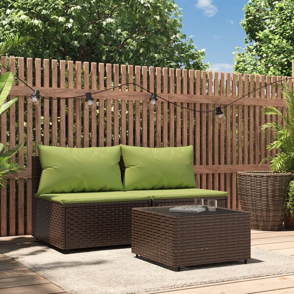 vidaXL 3 pcs conjunto lounge jardim c/ almofad&otilde;es vime PE castanho