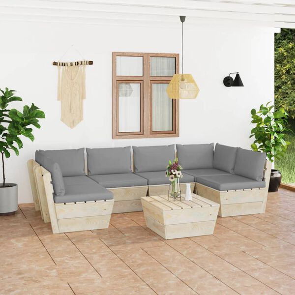 vidaXL 7 pcs conjunto lounge de paletes + almofad&otilde;es madeira de abeto