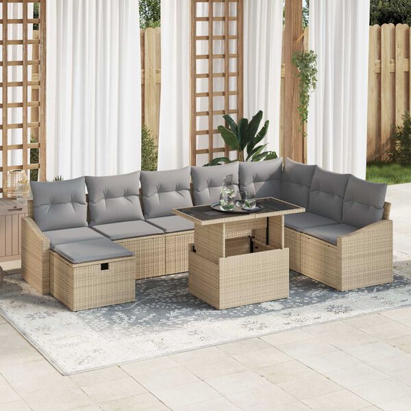 vidaXL Conjunto de Sof&aacute; de Jardim 9 pcs Bege Rattan Sint&eacute;tico