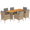 vidaXL 7 pcs conjunto de jantar p/ jardim com almofad&otilde;es vime PE bege