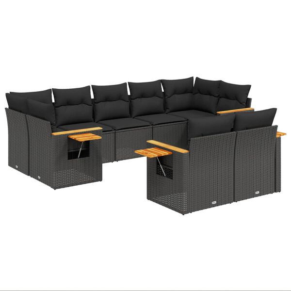 vidaXL 9 pcs conjunto de sof&aacute;s p/ jardim c/ almofad&otilde;es vime PE preto