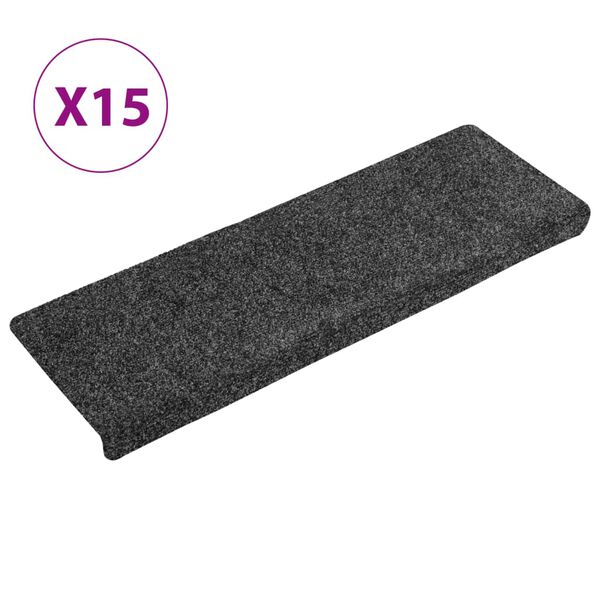 vidaXL Tapetes de escada autoadesivos 15 pe&ccedil;as 65x21x4 cm cinzento escuro com borda retangular