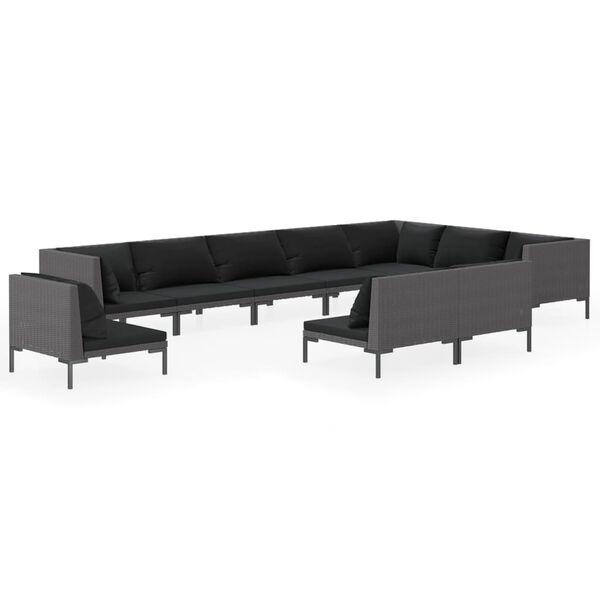 vidaXL 10 pcs conj. lounge jardim c/ almofad&otilde;es vime PE cinza-escuro