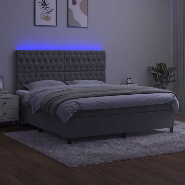 vidaXL Cama box spring c/ colch&atilde;o/LED 160x200 cm veludo cinzento-claro