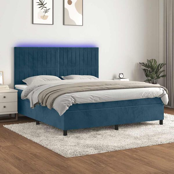 vidaXL Cama box spring c/ colch&atilde;o/LED 160x200 cm veludo azul-escuro