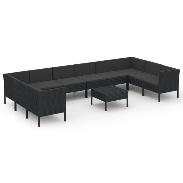 vidaXL 11 pcs conjunto lounge de jardim c/ almofad&otilde;es vime PE preto