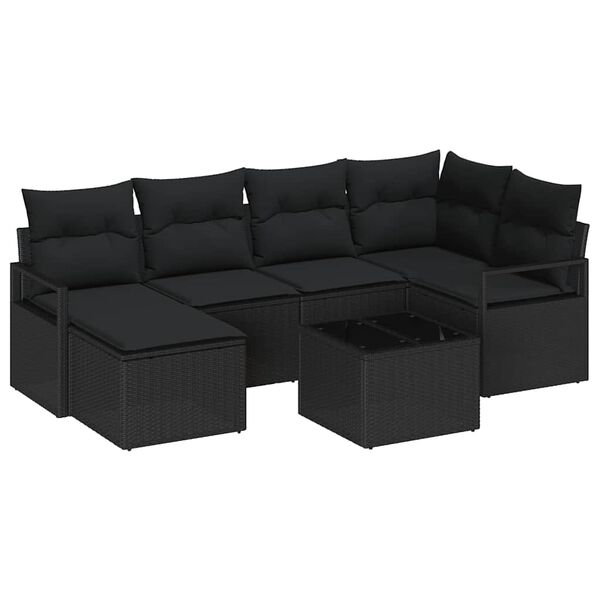 vidaXL Conjunto de Sof&aacute;s com almofada 7 pcs Preto vime PE