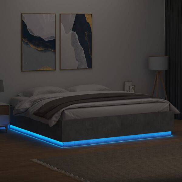 vidaXL Estrutura cama c/ luzes LED derivados de madeira cinza cimento