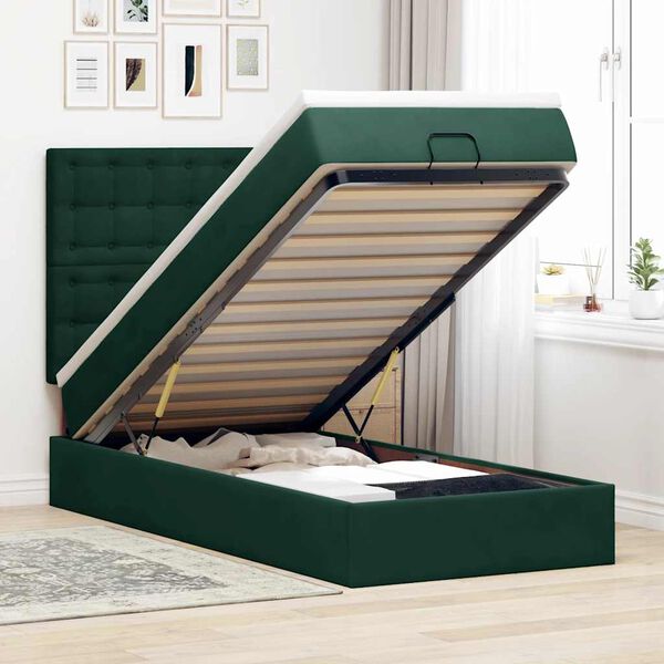 vidaXL Estrutura cama otomana colch&otilde;es 80x200cm veludo verde escuro