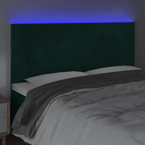 vidaXL Cabeceira de cama c/ LED veludo 160x5x118/128 cm verde-escuro