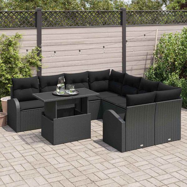 vidaXL Conjunto de Sof&aacute; de Jardim 9 pcs Preto vime PE