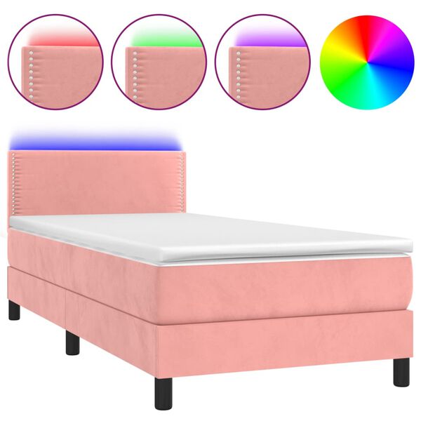 vidaXL Cama box spring c/ colch&atilde;o/LED 100x200 cm veludo rosa