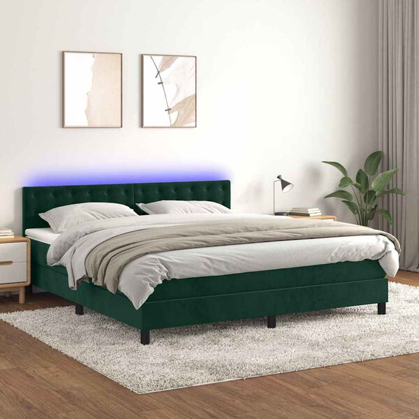 vidaXL Cama box spring c/ colch&atilde;o/LED 160x200 cm veludo verde-escuro