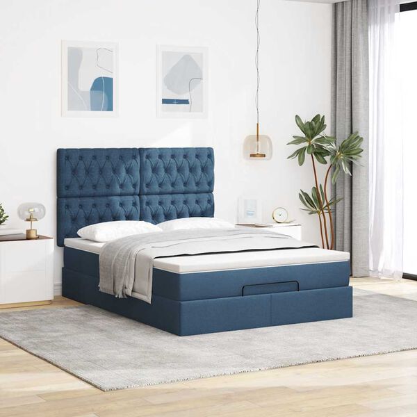 vidaXL Estrutura de cama otomana com colch&atilde;o tecido azul 140x200cm