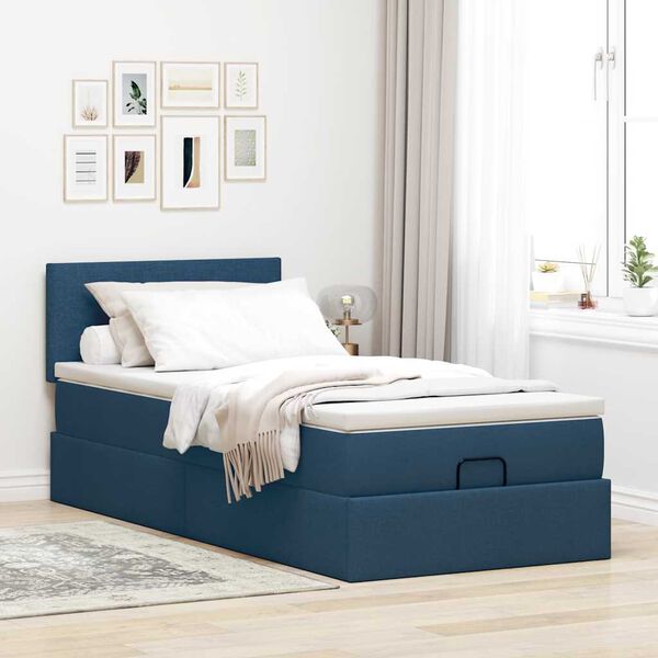 vidaXL Estrutura de cama otomana com colch&atilde;o tecido azul 90x190cm