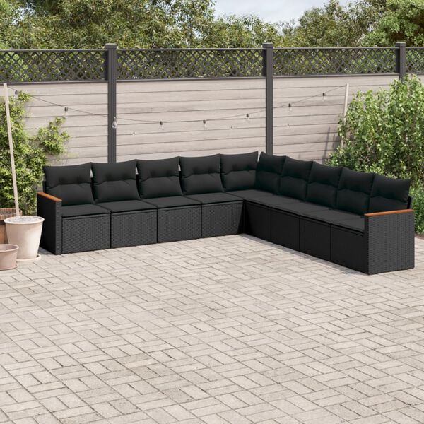 vidaXL 9 pcs conjunto de sof&aacute;s p/ jardim c/ almofad&otilde;es vime PE preto