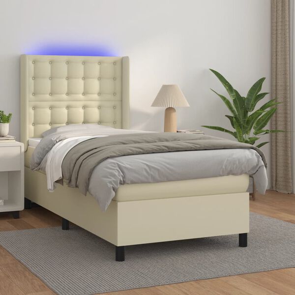 vidaXL Cama box spring c/ colch&atilde;o/LED 100x200cm couro artificial creme