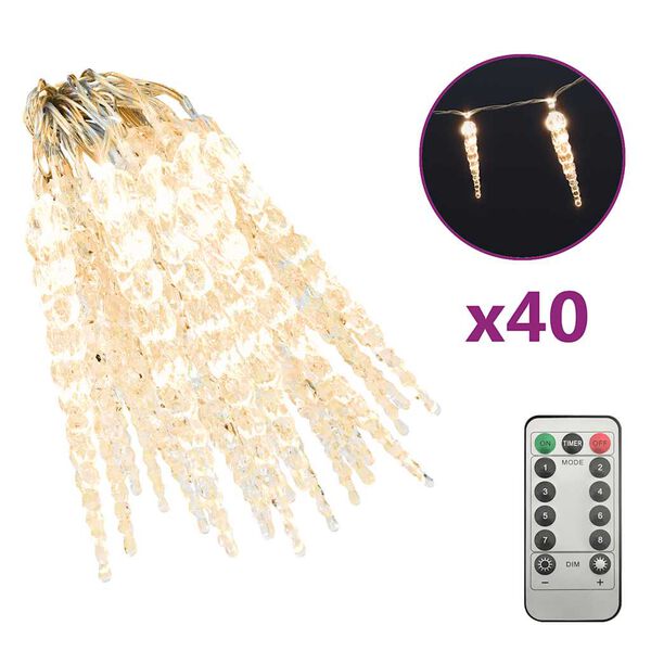 vidaXL Luz Natal pingente gelo 40pcs c. remoto acr&iacute;lico branco quente