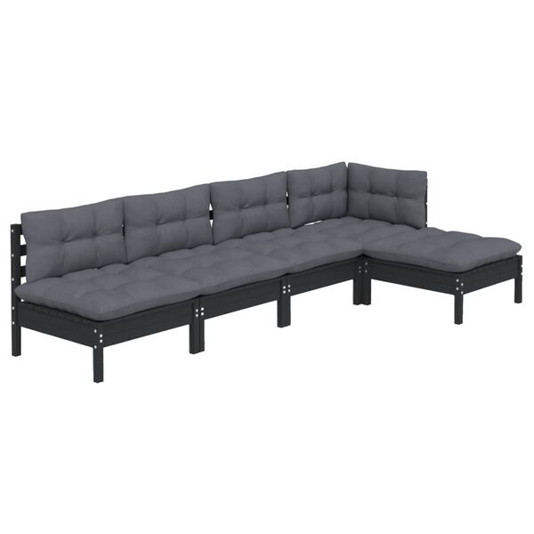 vidaXL 5 pcs conjunto lounge de jardim c/ almofadões pinho preto
