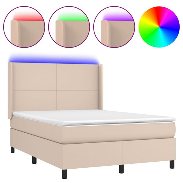 vidaXL Cama box spring c/colch&atilde;o/LED 140x190cm couro artif. cappuccino