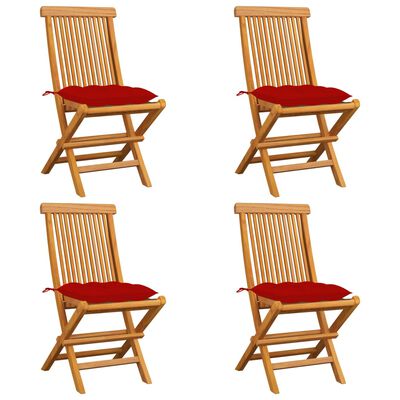 vidaXL Cadeiras de jardim c/ almofadões vermelhos 4 pcs teca maciça