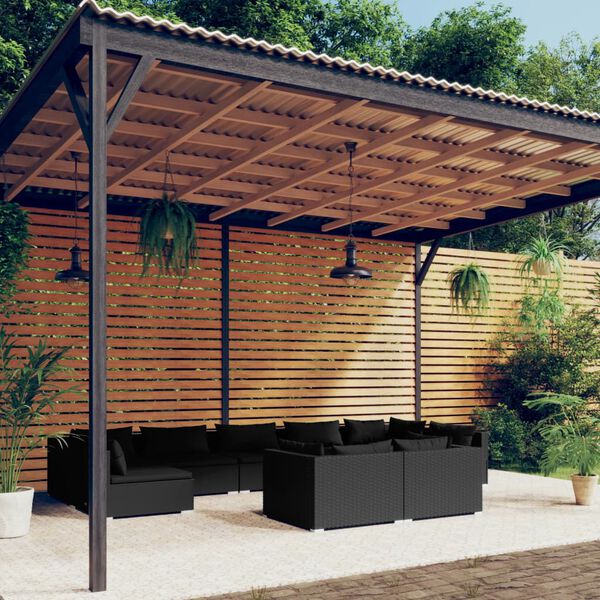 vidaXL 9 pcs conjunto lounge de jardim c/ almofad&otilde;es vime PE preto